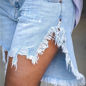 Frayed Hem Light Blue Denim Shorts